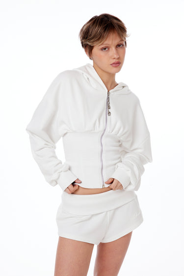 WHITE CORSET ZIP HOODIE
